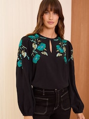 Love & Roses Blue Floral / Black Embroidered Long Sleeve Blouse - Image 1 of 4