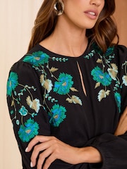 Love & Roses Blue Floral / Black Embroidered Long Sleeve Blouse - Image 2 of 4