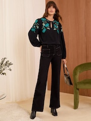 Love & Roses Blue Floral / Black Embroidered Long Sleeve Blouse - Image 3 of 4