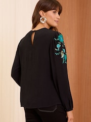 Love & Roses Blue Floral / Black Embroidered Long Sleeve Blouse - Image 4 of 4