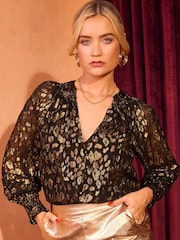 Love & Roses Black Leopard Petite Metallic 3/4 Sleeve Shirred Cuff Blouse - Image 1 of 4