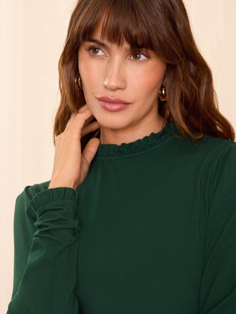 Love & Roses Green Frill Neck Long Sleeve Jersey T-Shirt - Image 2 of 4 Love & Roses Green Frill Neck Long Sleeve Jersey T-Shirt - Image 2 of 4