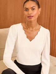 Love & Roses Ivory White Scallop Petite Long Sleeve Jersey Top - Image 4 of 4