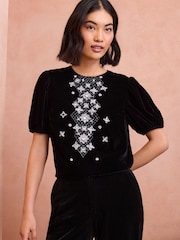 Love & Roses Black Petite Velvet Crystal Puff Sleeve Top - Image 1 of 4