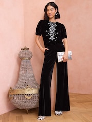 Love & Roses Black Petite Velvet Crystal Puff Sleeve Top - Image 3 of 4