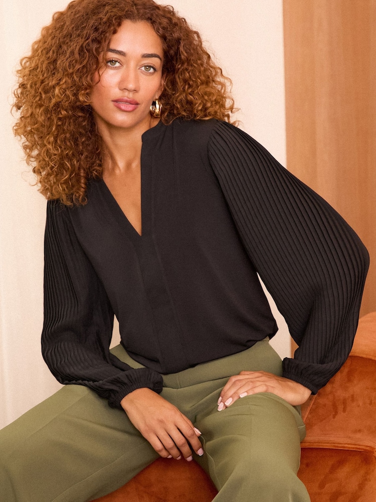 Love & Roses Black Pleated Sleeve Jersey V Neck Blouse - Image 1 of 4 Love & Roses Black Pleated Sleeve Jersey V Neck Blouse - Image 1 of 4