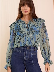 Love & Roses Grey Animal Printed Capelet Long Sleeve Blouse - Image 1 of 4