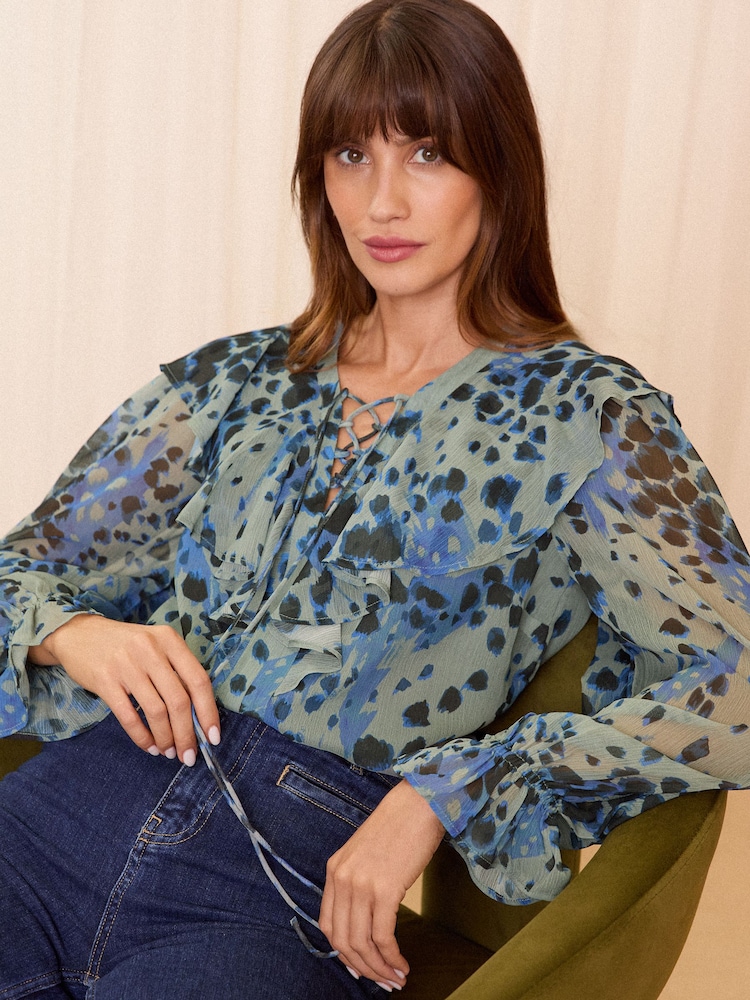 Love & Roses Grey Animal Printed Capelet Long Sleeve Blouse - Image 2 of 4