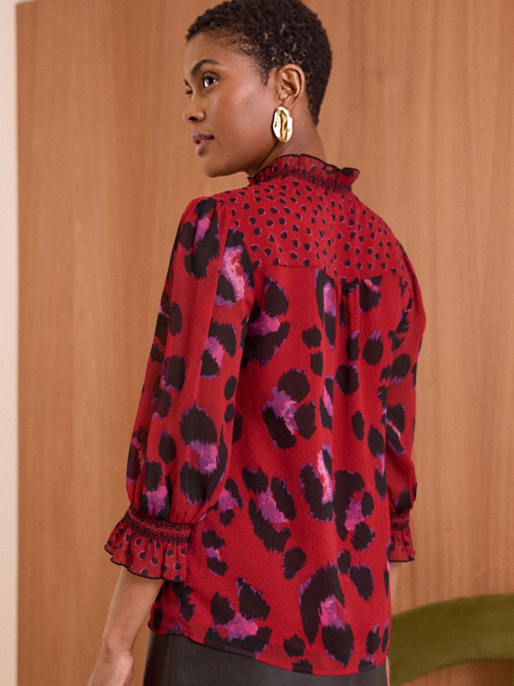 Love & Roses Red Animal Printed V Neck Shirred Cuff Blouse - Image 4 of 4