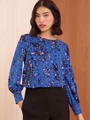 Love & Roses Blue Petite Animal Pintuck Button Detail Long Sleeve Blouse - Image 1 of 4