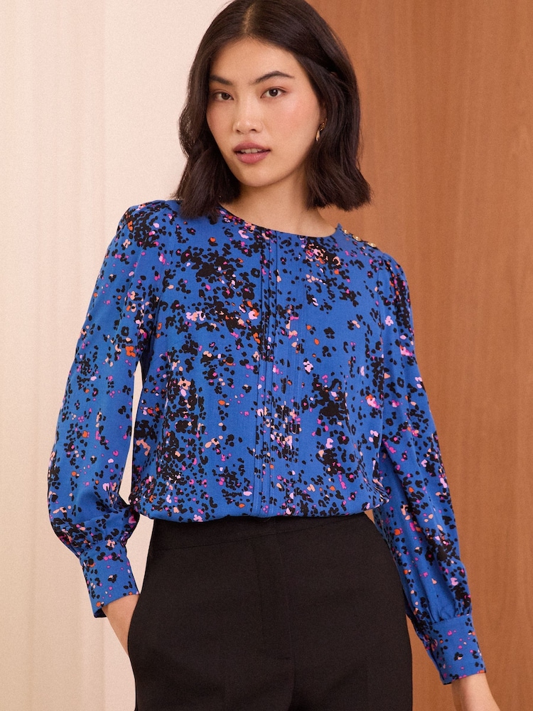 Love & Roses Blue Petite Animal Pintuck Button Detail Long Sleeve Blouse - Image 1 of 4