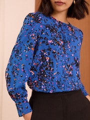Love & Roses Blue Petite Animal Pintuck Button Detail Long Sleeve Blouse - Image 2 of 4