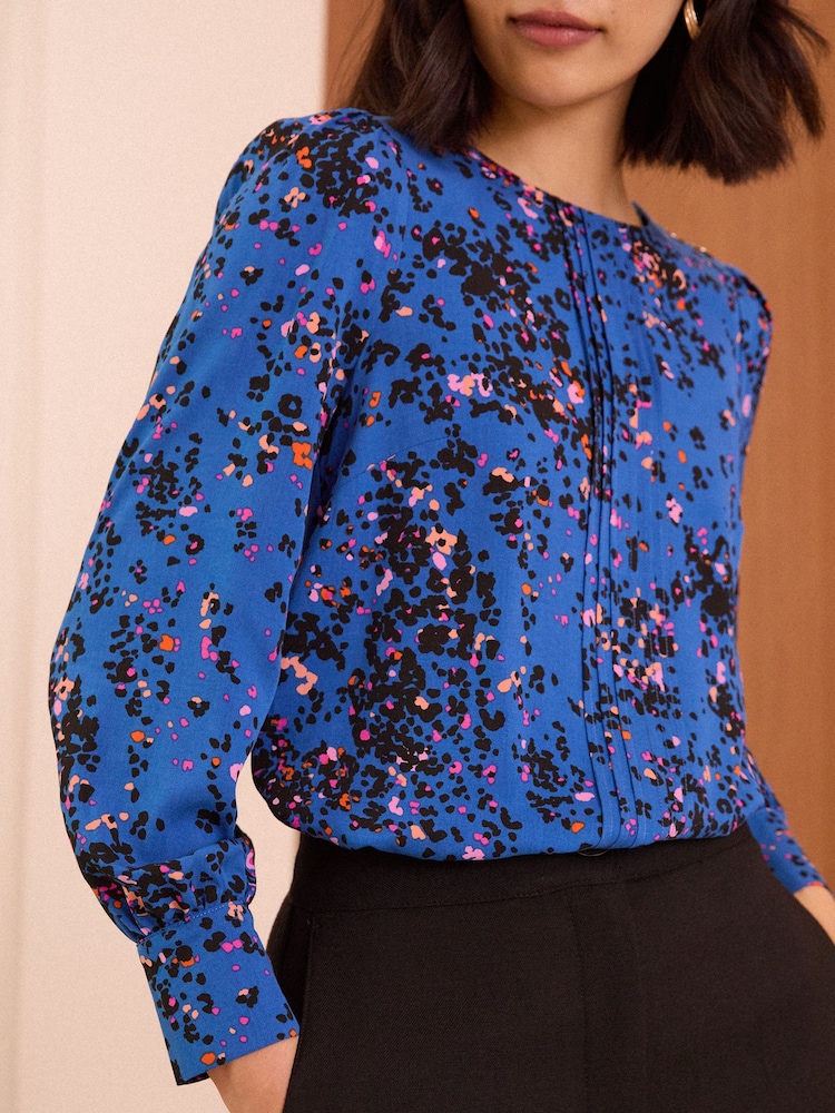 Love & Roses Blue Petite Animal Pintuck Button Detail Long Sleeve Blouse - Image 2 of 4