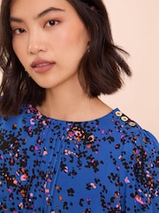 Love & Roses Blue Petite Animal Pintuck Button Detail Long Sleeve Blouse - Image 3 of 4