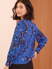 Love & Roses Blue Petite Animal Pintuck Button Detail Long Sleeve Blouse - Image 4 of 4