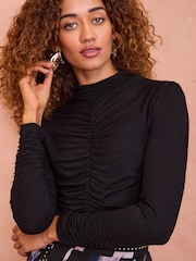 Love & Roses Black Ruched Front Long Sleeve Jersey T-Shirt - Image 1 of 4