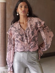 Love & Roses Pink Floral Metallic Petite Capelet Long Sleeve Blouse - Image 1 of 4