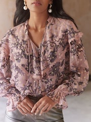 Love & Roses Pink Floral Metallic Petite Capelet Long Sleeve Blouse - Image 2 of 4