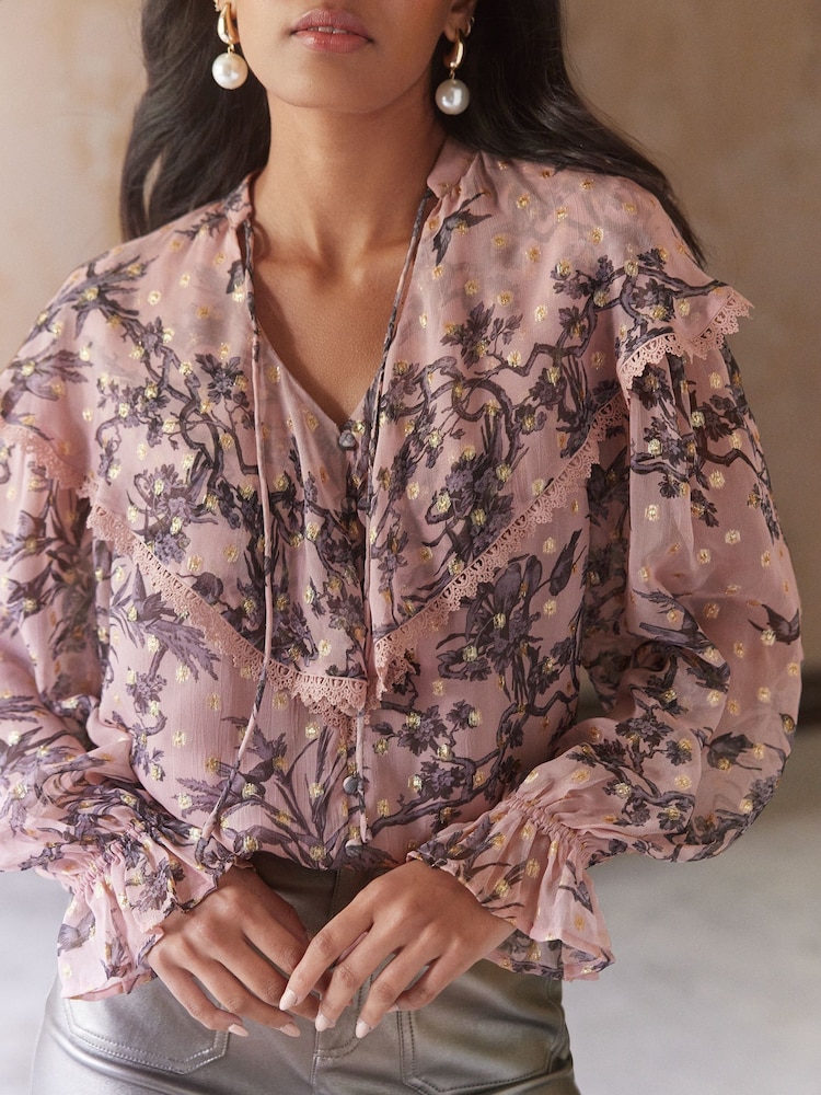 Love & Roses Pink Floral Metallic Petite Capelet Long Sleeve Blouse - Image 2 of 4