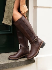Linzi Brown Gilded High Leg Boots With Stretch Side Panel and Buckle Detail - Image 1 of 5