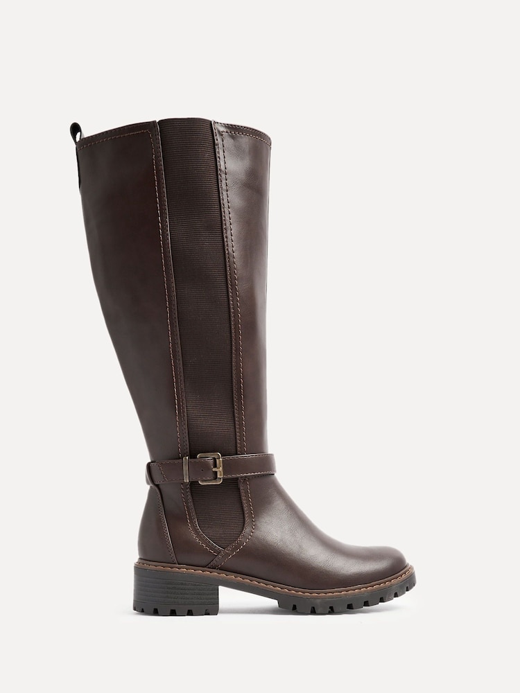 Linzi Brown Gilded High Leg Boots With Stretch Side Panel and Buckle Detail - Image 2 of 5