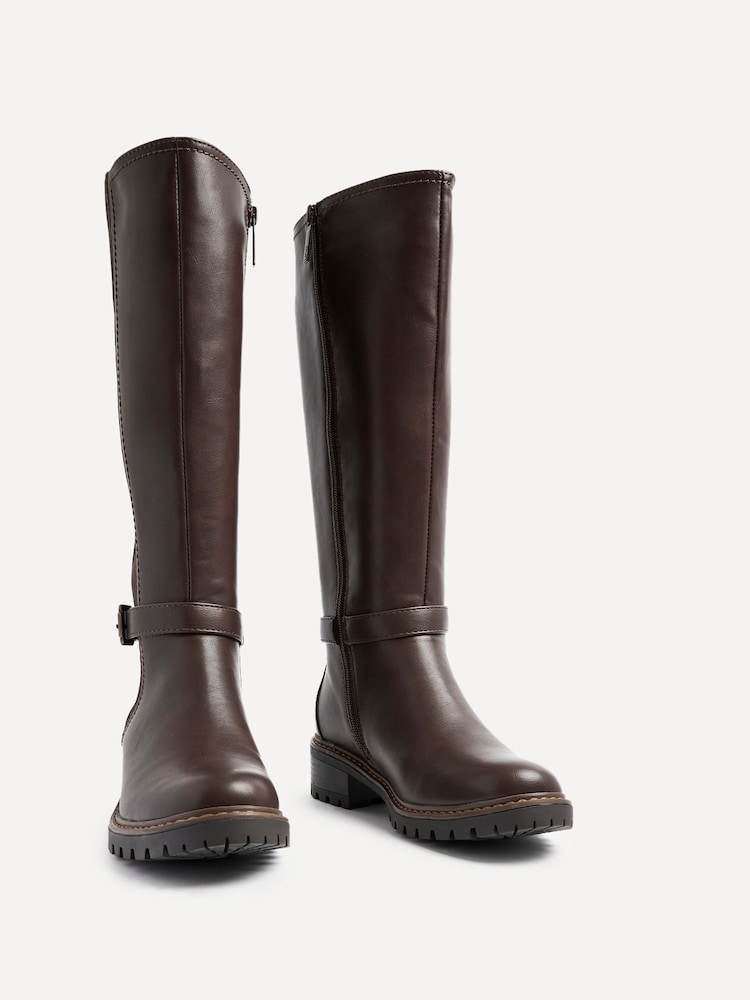 Linzi Brown Gilded High Leg Boots With Stretch Side Panel and Buckle Detail - Image 3 of 5
