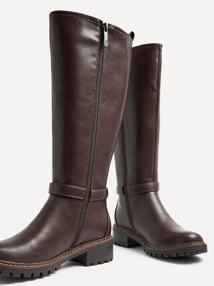 Linzi Brown Gilded High Leg Boots With Stretch Side Panel and Buckle Detail - Image 5 of 5