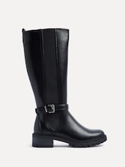 Linzi Black Gilded High Leg Boots With Stretch Side Panel and Buckle Detail - Image 3 of 6