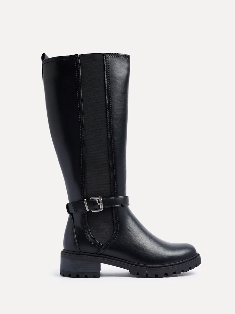Linzi Black Gilded High Leg Boots With Stretch Side Panel and Buckle Detail - Image 3 of 6