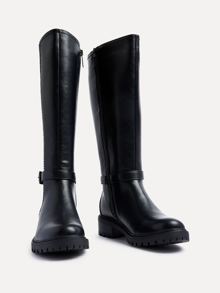 Linzi Black Gilded High Leg Boots With Stretch Side Panel and Buckle Detail - Image 4 of 6