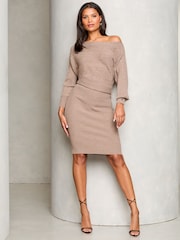 Lipsy Camel Slash Neck Cable Knitted Dress - Image 1 of 4