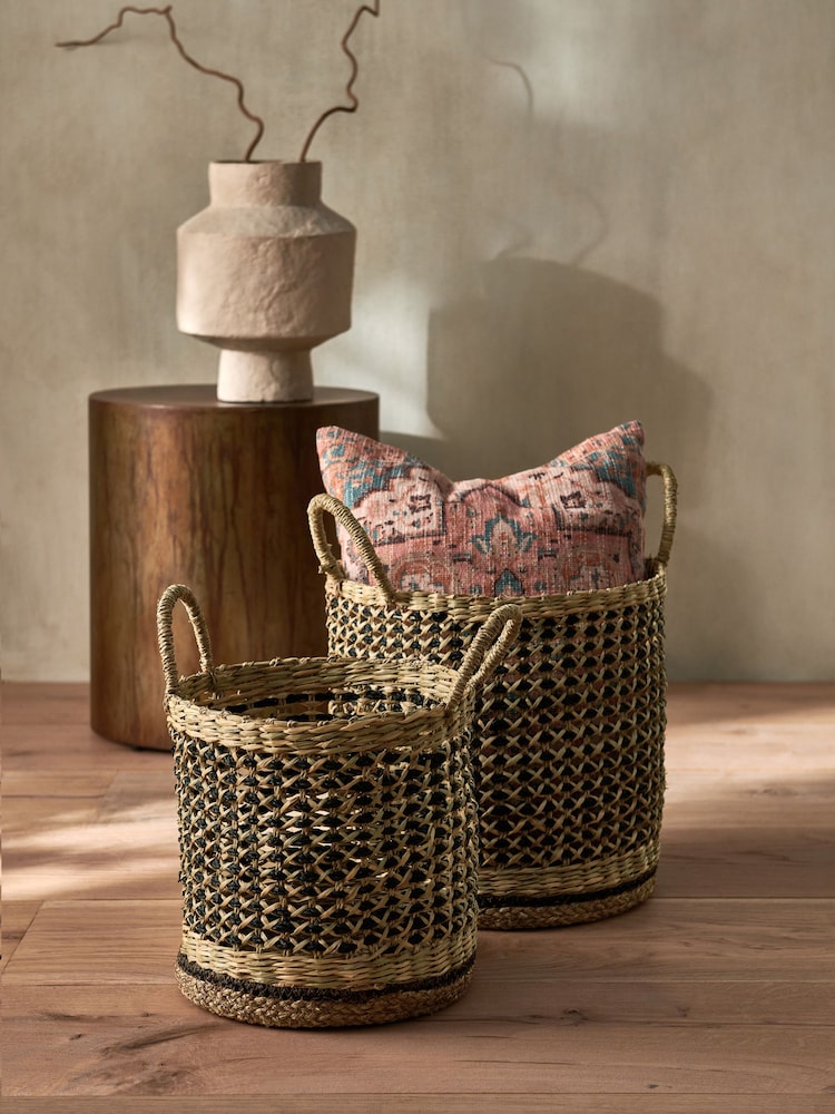 French Connection Set of 2 Black & Natural Seagrass Storage Baskets - Image 1 of 3