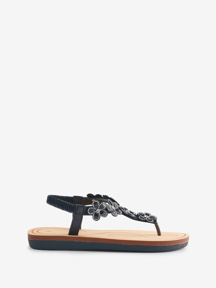 Yours Curve Black Wide Fit Diamante Flower Sandals - Image 2 of 5