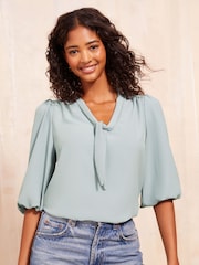 Friends Like These Blue Bow Front Blouse With Puff Sleeve - Image 1 of 4