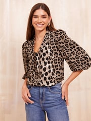 Friends Like These Brown Bow Front Blouse With Puff Sleeve - Image 1 of 4