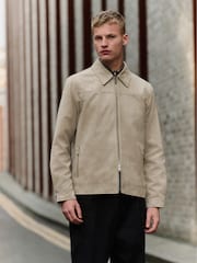 Neutral Faux Suede Zip Through Collared Shacket - Image 1 of 12