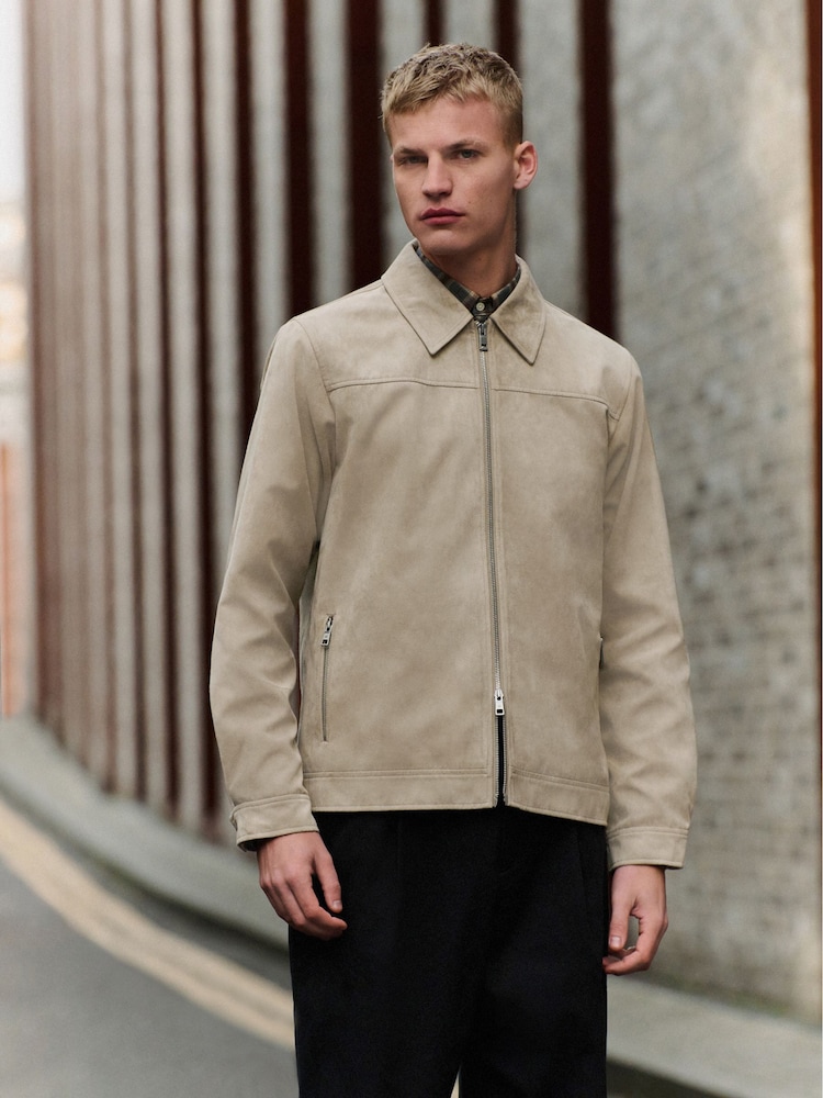 Neutral Faux Suede Zip Through Collared Shacket - Image 1 of 12