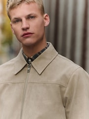 Neutral Faux Suede Zip Through Collared Shacket - Image 4 of 12