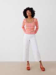 Oliver Bonas White Denim Scalloped Pocket Wide Leg Cropped Jeans - Image 1 of 7