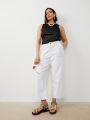 Oliver Bonas White Denim Scalloped Pocket Wide Leg Cropped Jeans - Image 2 of 7