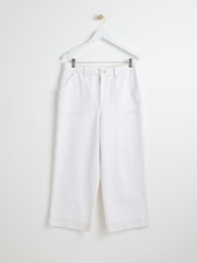 Oliver Bonas White Denim Scalloped Pocket Wide Leg Cropped Jeans - Image 3 of 7