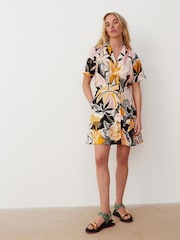 Oliver Bonas Pink/Orange Tropical Print Mini Shirt Dress With Linen - Image 2 of 8