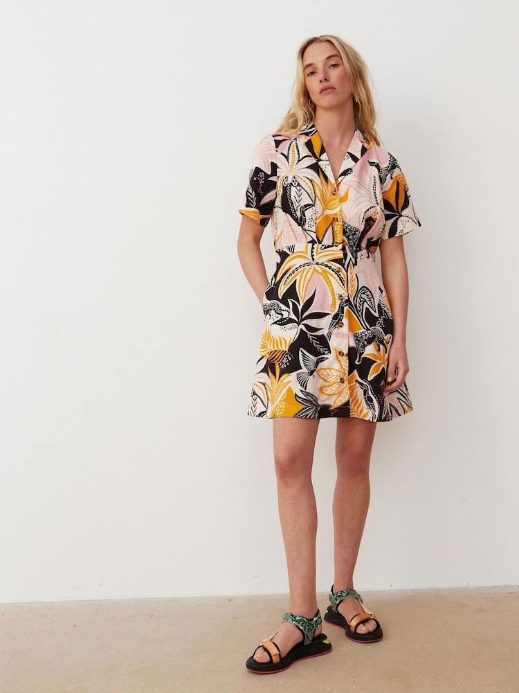 Oliver Bonas Pink/Orange Tropical Print Mini Shirt Dress With Linen - Image 2 of 8