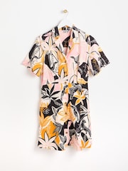 Oliver Bonas Pink/Orange Tropical Print Mini Shirt Dress With Linen - Image 3 of 8