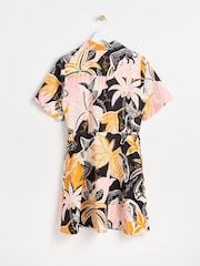 Oliver Bonas Pink/Orange Tropical Print Mini Shirt Dress With Linen - Image 4 of 8