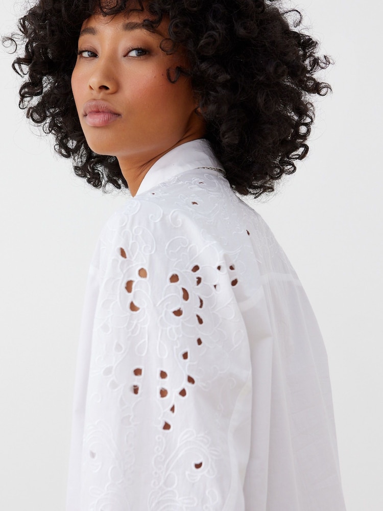 Oliver Bonas White Embroidered Sleeve 100% Cotton Shirt - Image 1 of 8
