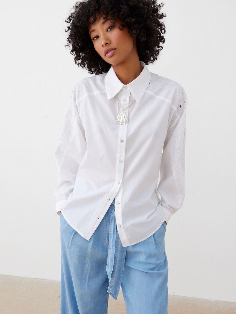 Oliver Bonas White Embroidered Sleeve 100% Cotton Shirt - Image 2 of 8