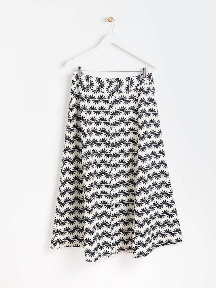 Oliver Bonas White Sun Print Midi Skirt With Linen - Image 1 of 6