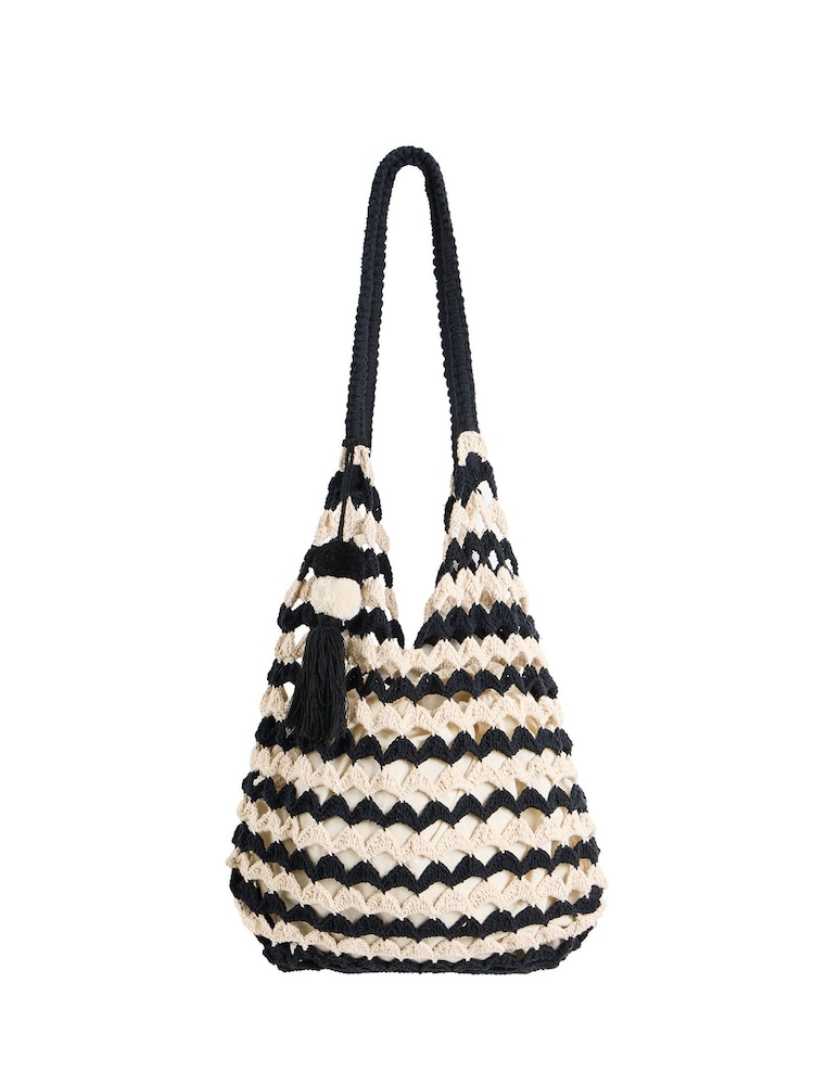 Oliver Bonas Black Crochet Scallop Tote Bag - Image 1 of 8