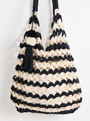 Oliver Bonas Black Crochet Scallop Tote Bag - Image 6 of 8